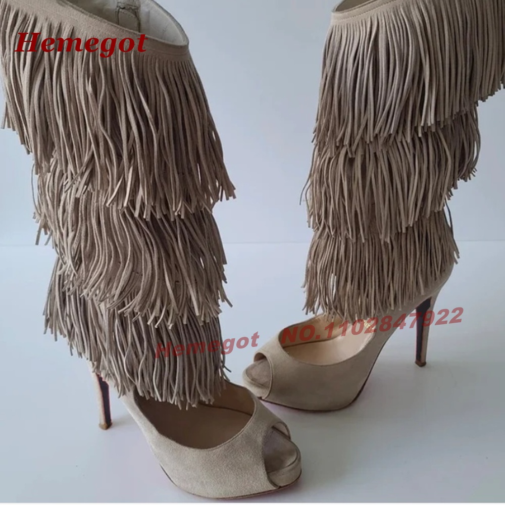 Tiered Fringe Peep‑Toe High He - огляд і ціна Knee High Boots Women